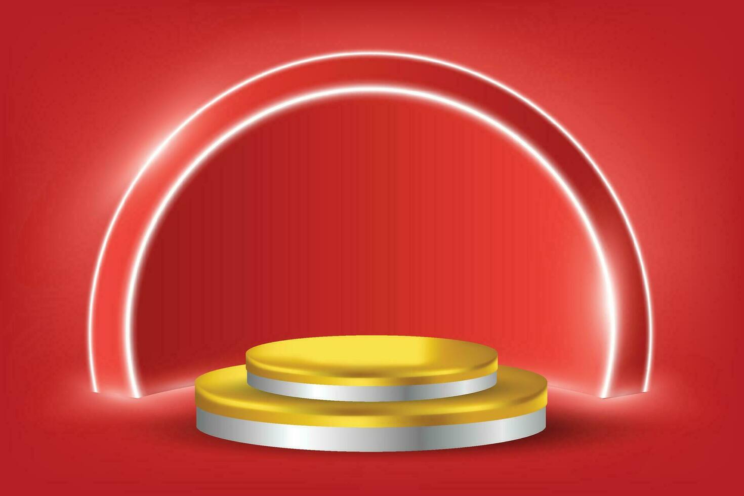 Gold Podium zum Anzeige Produkt, Vorlage Design Vektor rot Hintergrund mit Licht bewirken