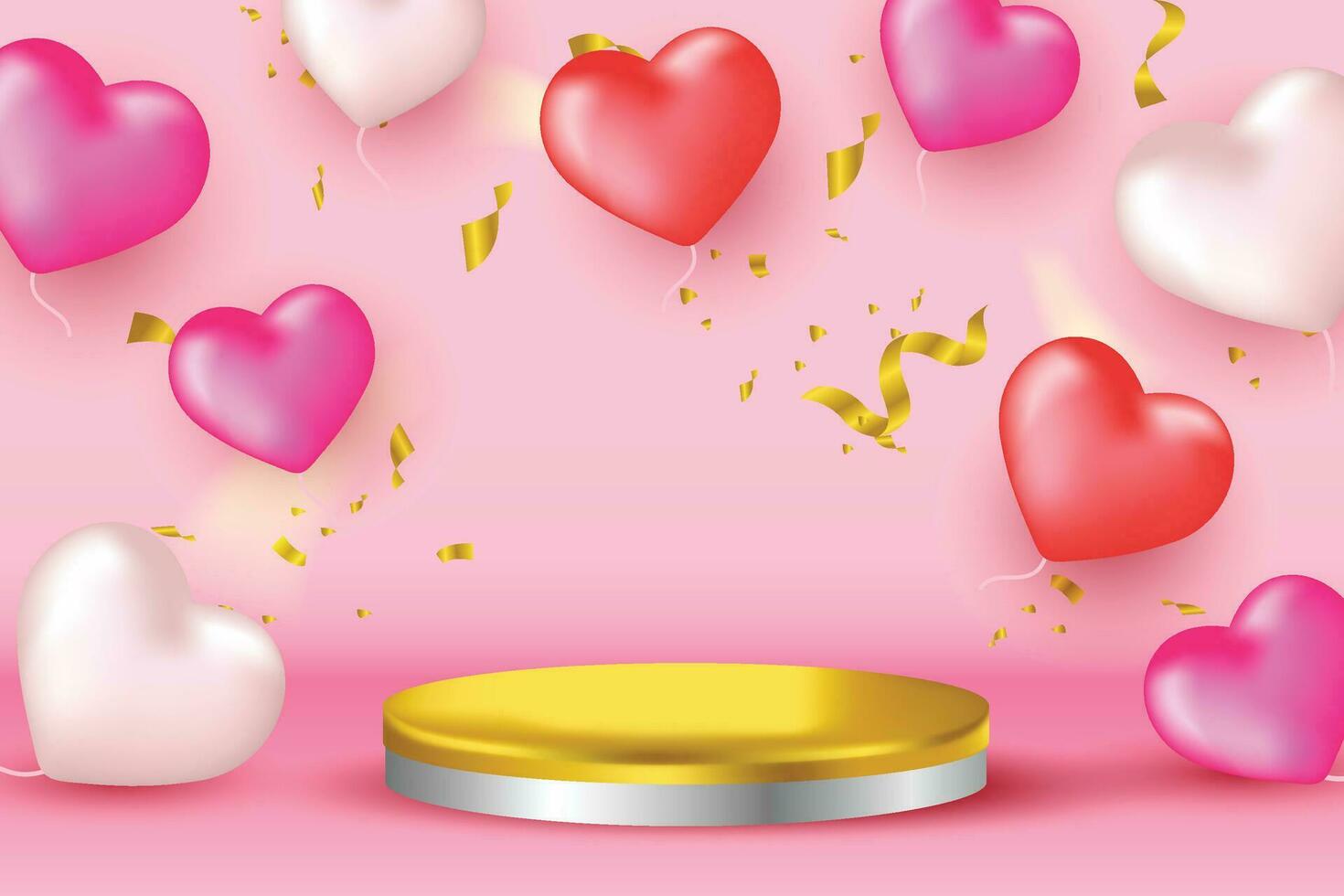 Podium zum Vitrine Produkt mit Ornament Herzen Valentinstag Tag Hintergrund Vektor