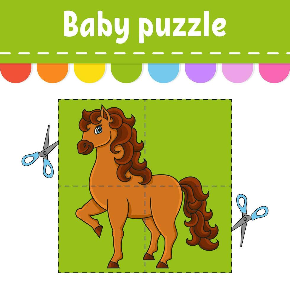 Baby Puzzle. einfach eben. süß Pferd. Bauernhof Tier. Blitz Karten. Schnitt und spielen. Farbe Aktivität Arbeitsblatt. Spiel zum Kinder. Waschbär Charakter. vektor