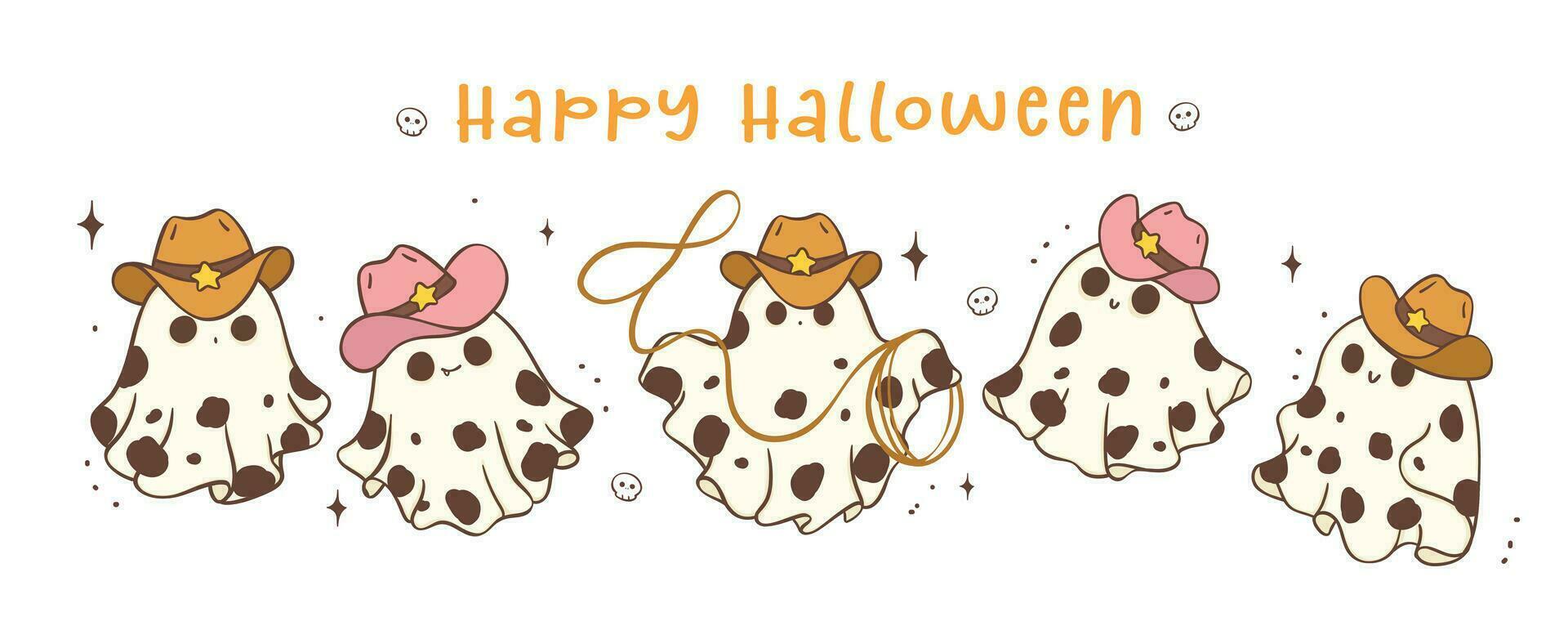 Gruppe von Halloween Cowboy Geist süß kawaii Karikatur Gekritzel Vektor Illustration Banner. glücklich haloween