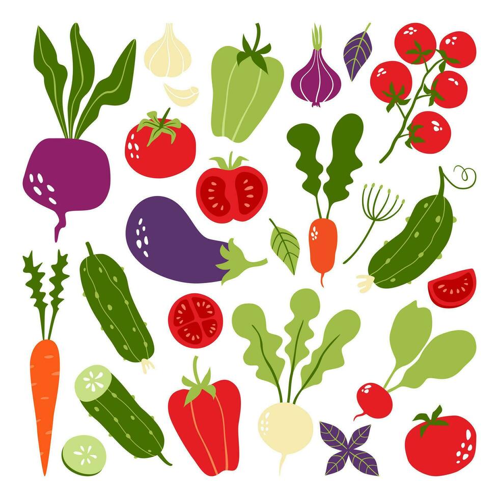uppsättning av ljus säsong- grönsaker. peppar, tomat, äggplanta, gurka, morot, lök, vitlök på en vit bakgrund. kan vara Begagnade för meny, förpackning, textilier. vektor illustration. tecknad serie design.