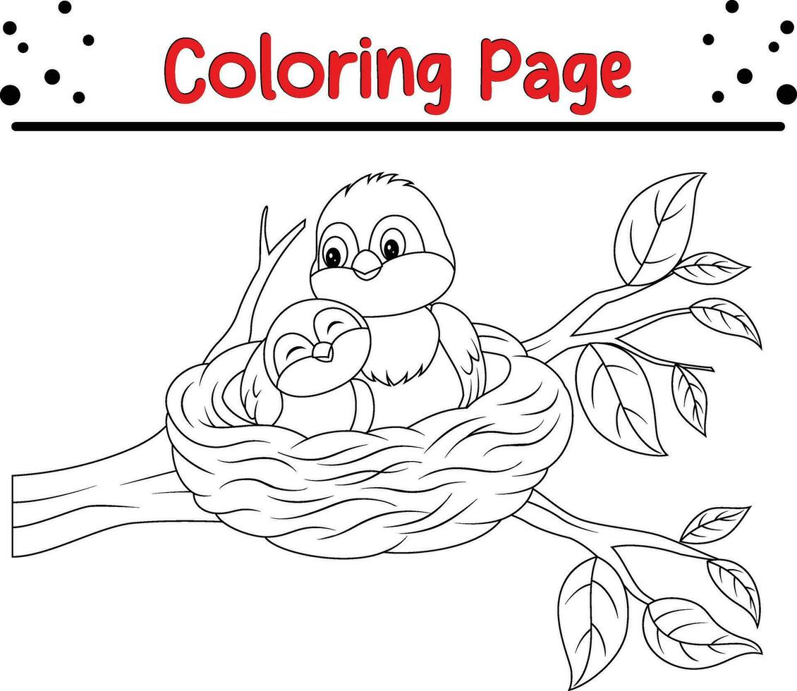 mor fågel med henne bebis bo färg sida. svart och vit vektor illustration för en färg bok.