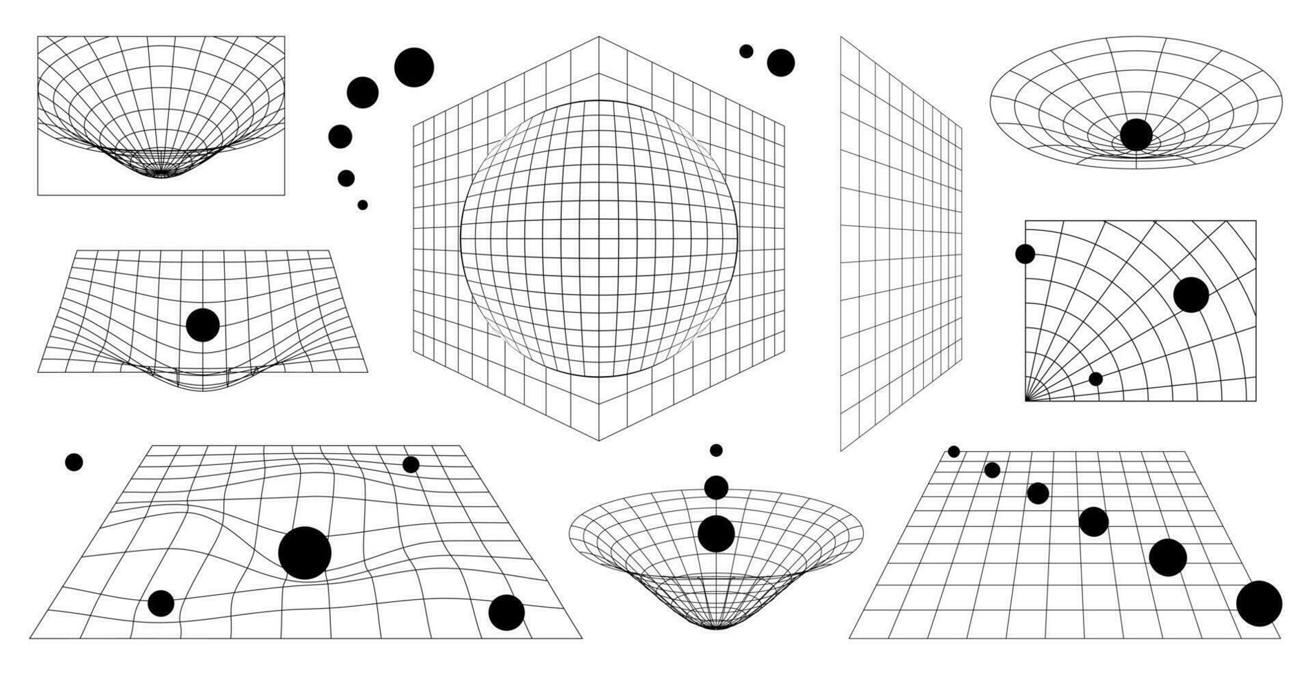 abstrakt 3d trådmodell former, perspektiv rutnät. svart y2k trogen estetisk uppsättning. vektor