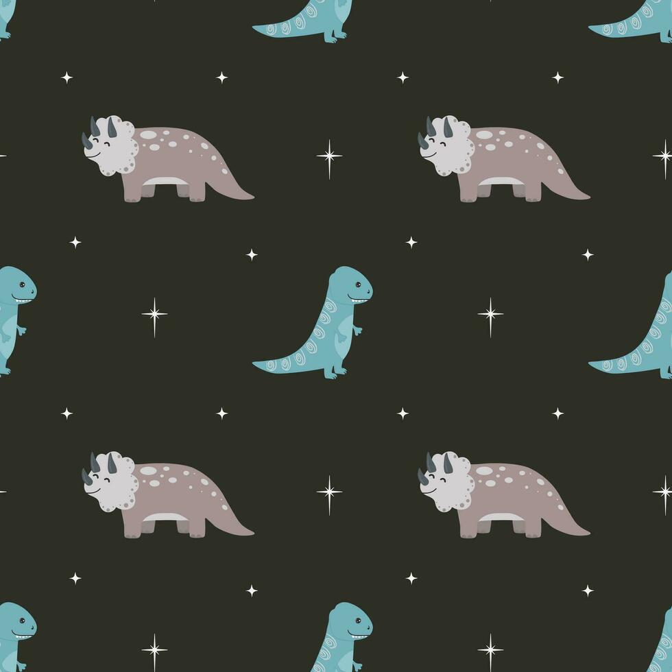 sömlöst mönster med söt dinosaurie på starry Plats bakgrund. perfekt för omslag papper, affischer, tyg och Övrig design. vektor