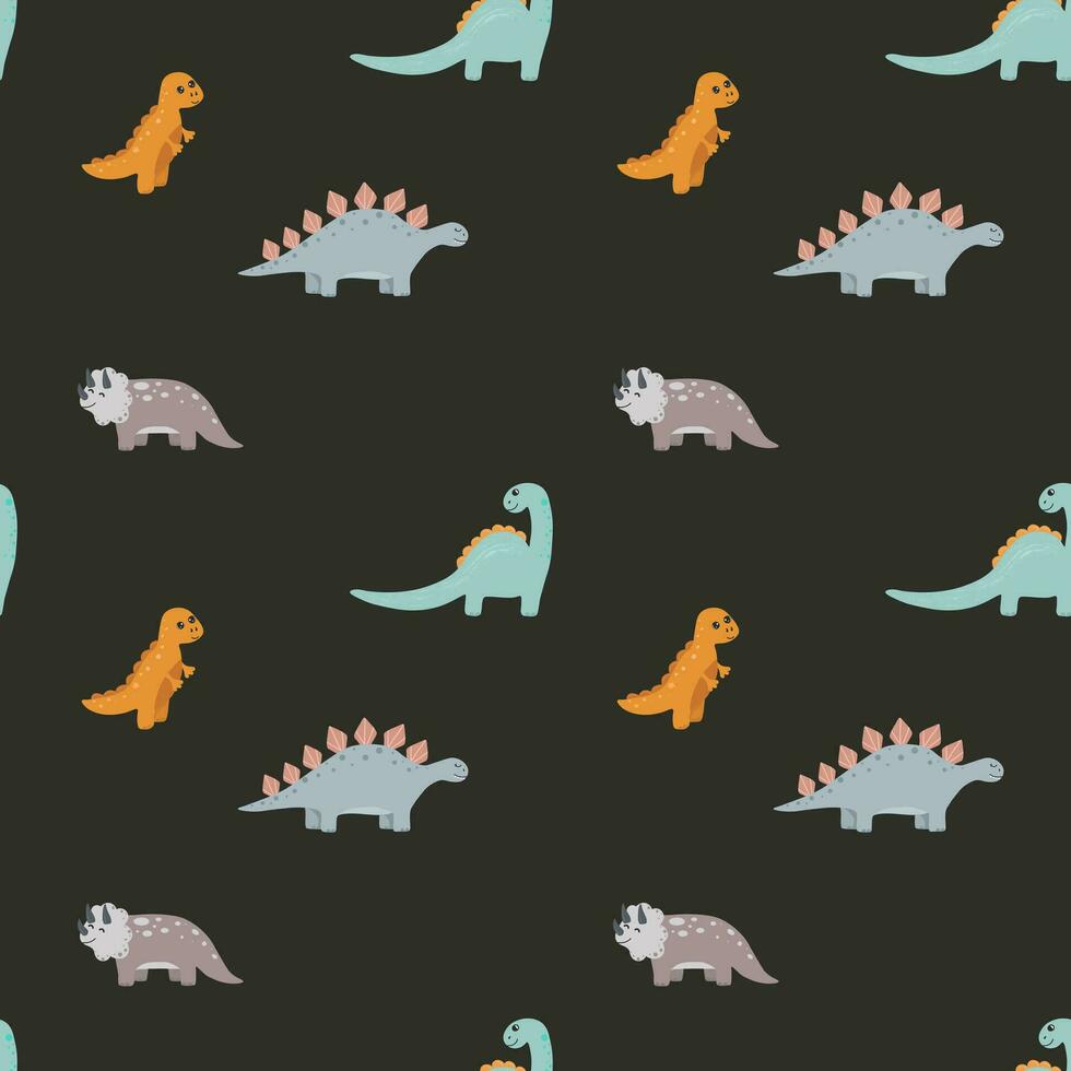 Vektornahtloses kindliches Muster mit bunten Dinosauriern. babyhintergrund für kinderzimmer, geschenkpapier, stoff, textil. lustiger kleiner Dinosaurier. vektor