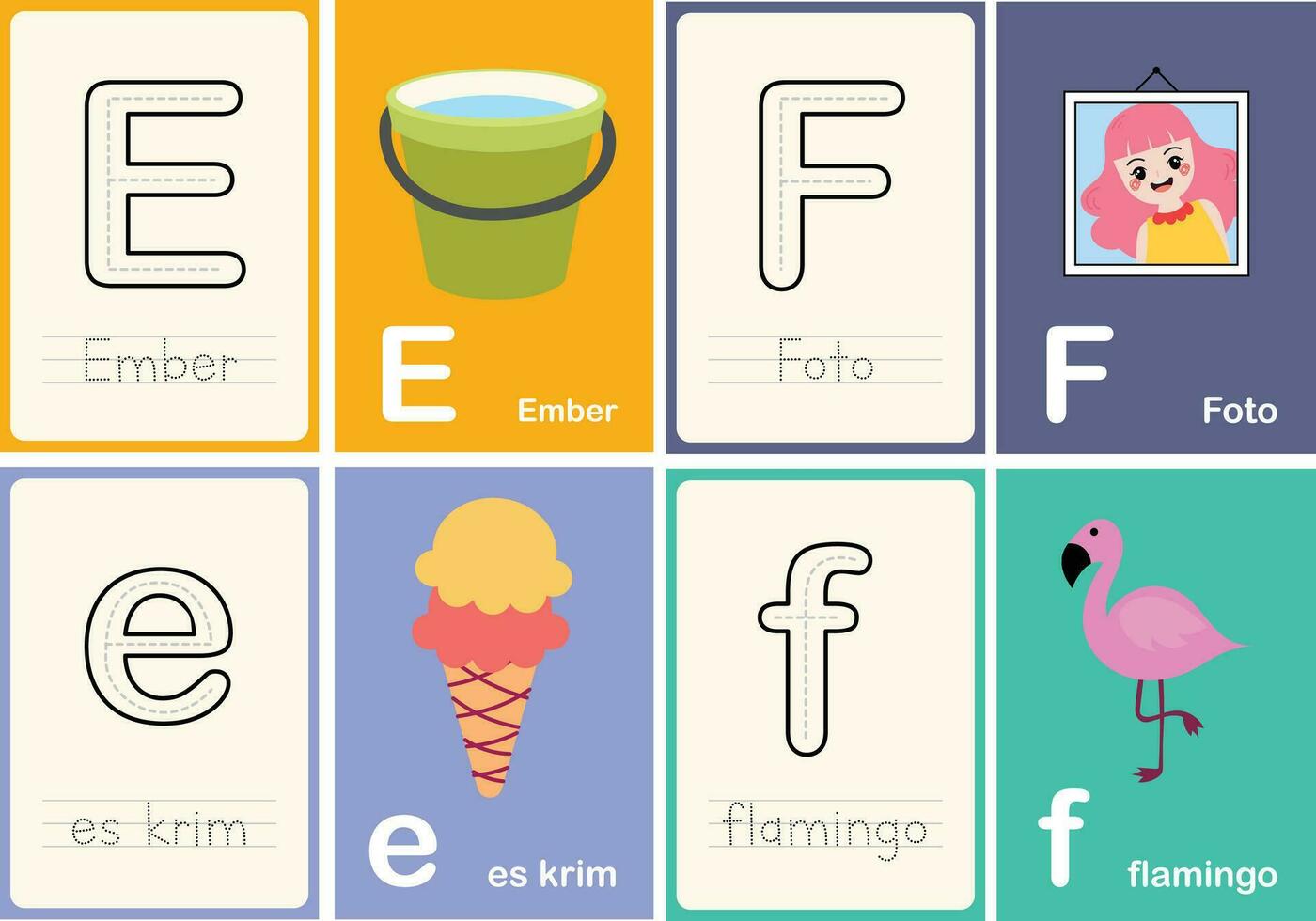 platt design vektor söt färgrik ABC alfabet flashcards tryckbar för barn först ord aktivitet