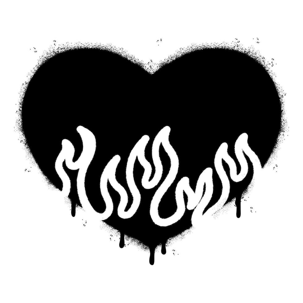 spray målad graffiti hjärta flamma ikon sprutas isolerat med en vit bakgrund. graffiti kärlek brand symbol med över spray i svart över vit. vektor