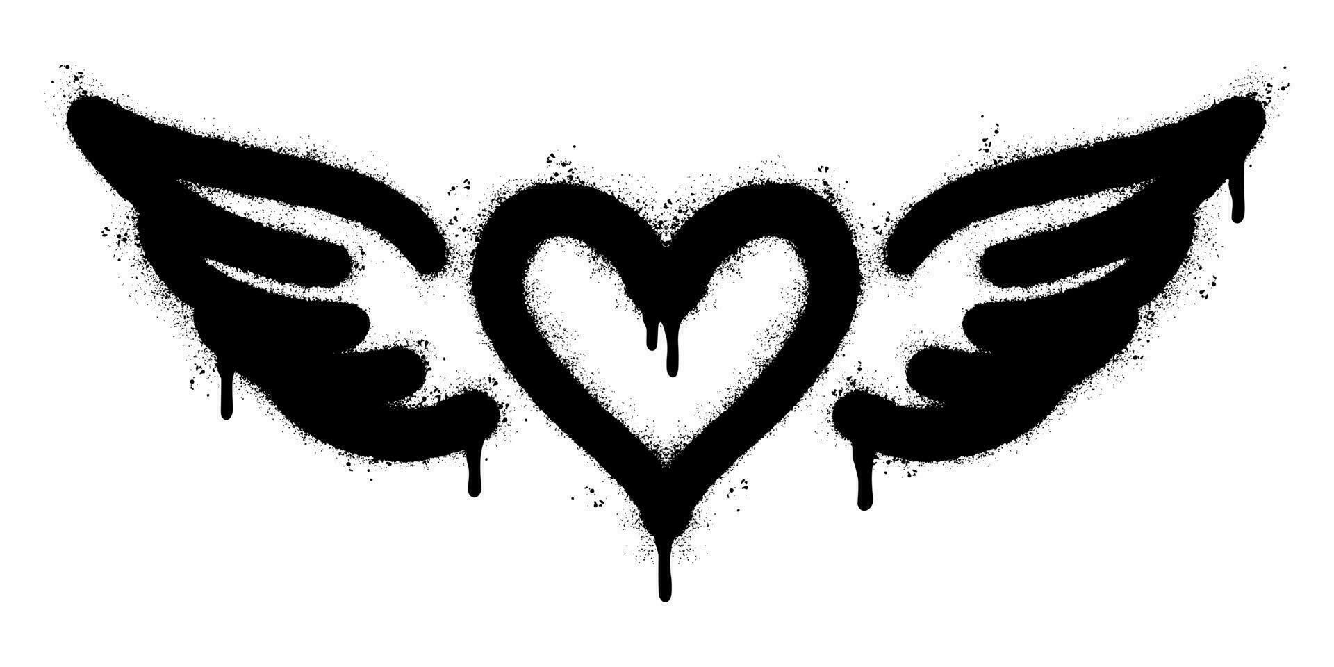 sprühen gemalt Graffiti Herz Flügel Symbol gesprüht isoliert mit ein Weiß Hintergrund. Graffiti Liebe Flügel Symbol mit Über sprühen im schwarz Über Weiß. vektor