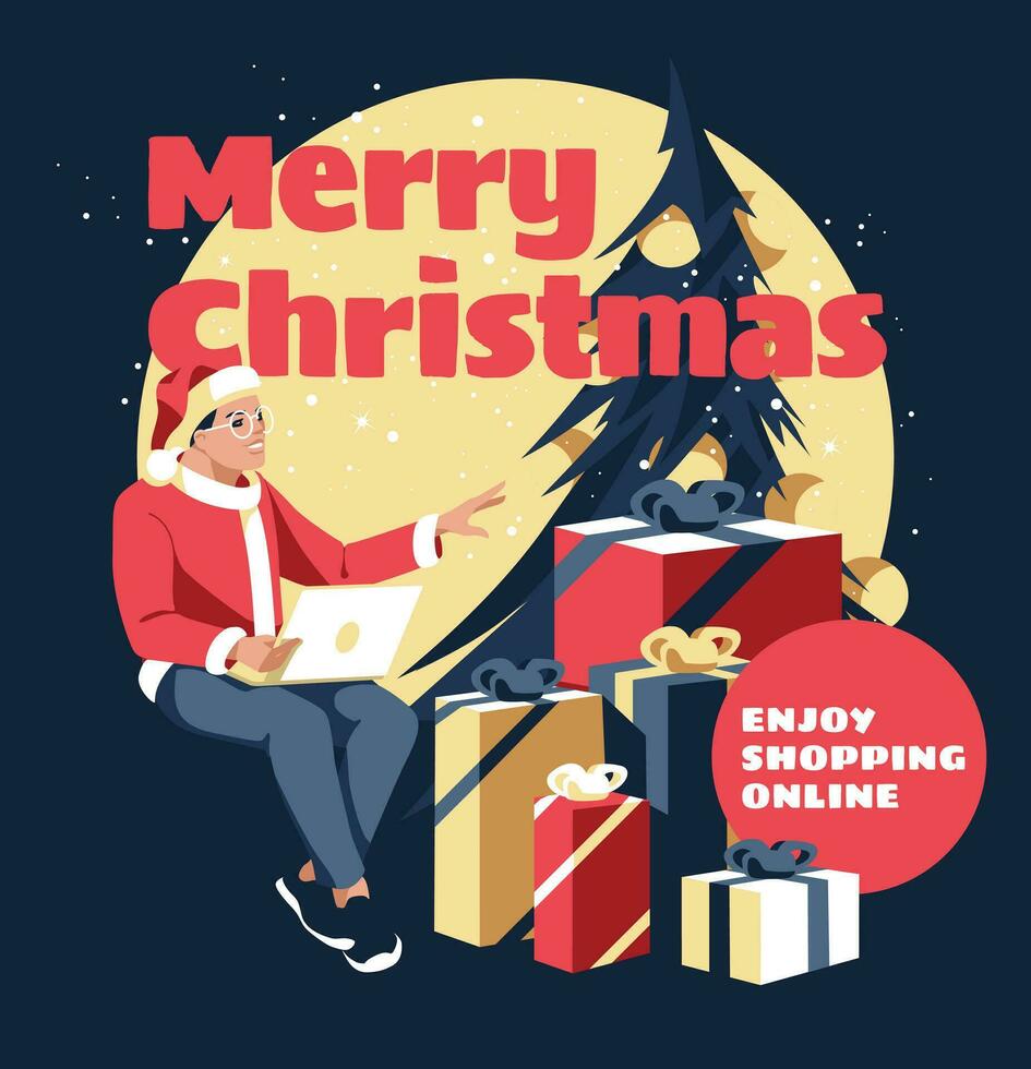 ein jung Mann im ein Santa passen sitzt mit ein Laptop. groß Geschenk Kisten und Weihnachten Baum. Schneefall. online Shops Werbung Poster, Banner, Postkarte. Vektor eben Illustration