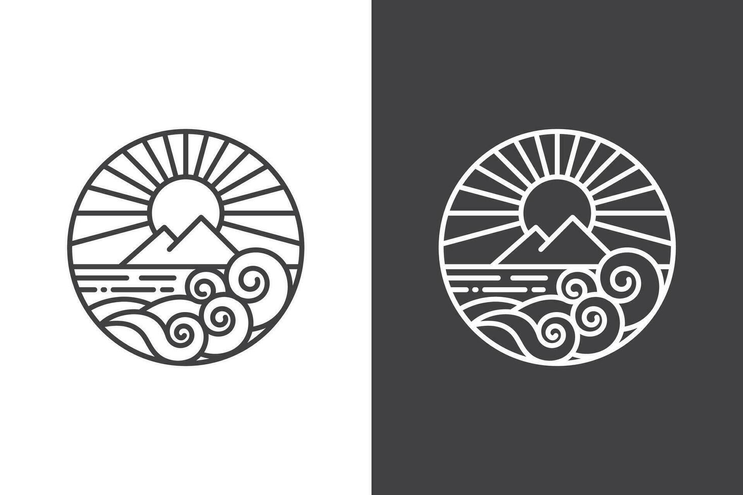 kreisförmig Ozean Wellen Logo Linie Kunst mit Sonnenlicht hinter ein Berg im das Mitte von das Meer vektor