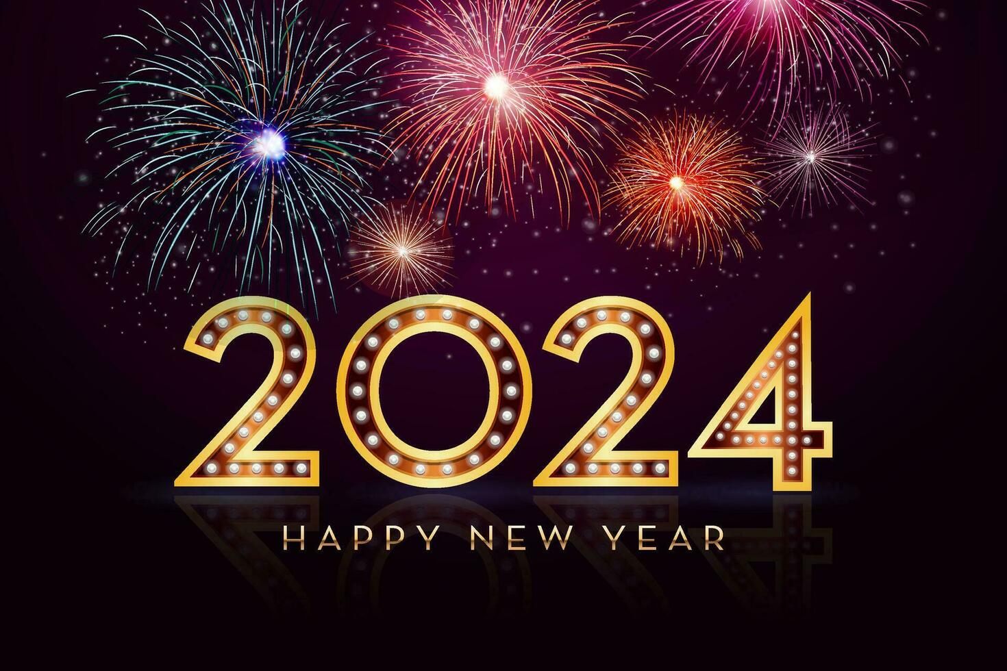 2024 Lycklig ny år fyrverkeri firande ny år kort vektor svart bakgrund