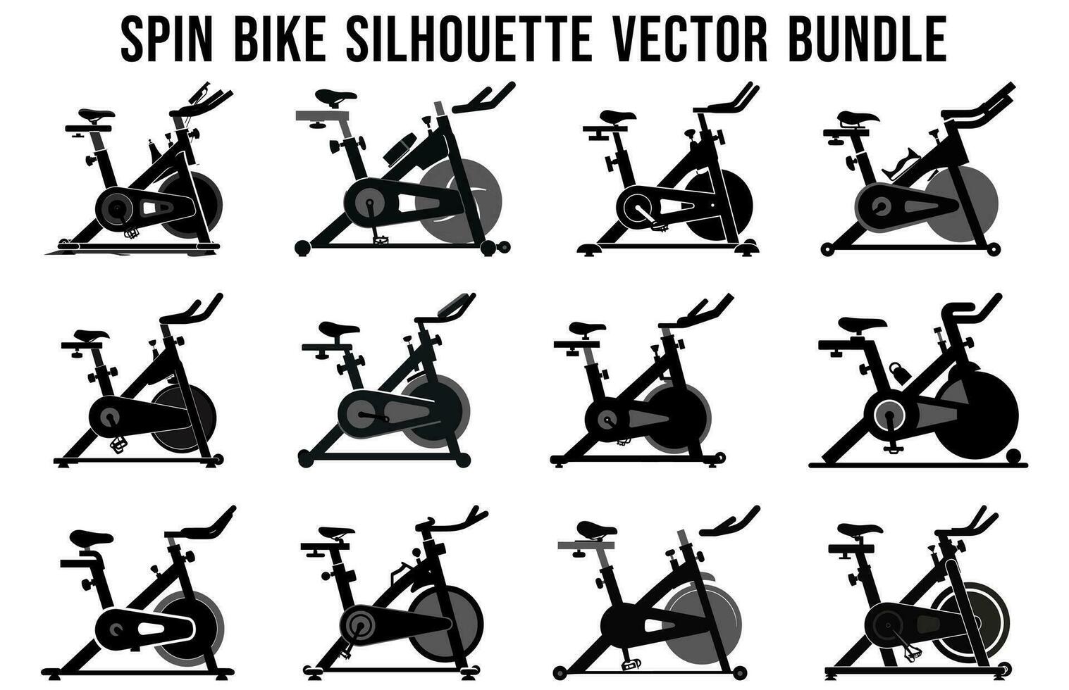 uppsättning av snurra cykel silhuett vektor bunt, inomhus- övning maskin silhuetter