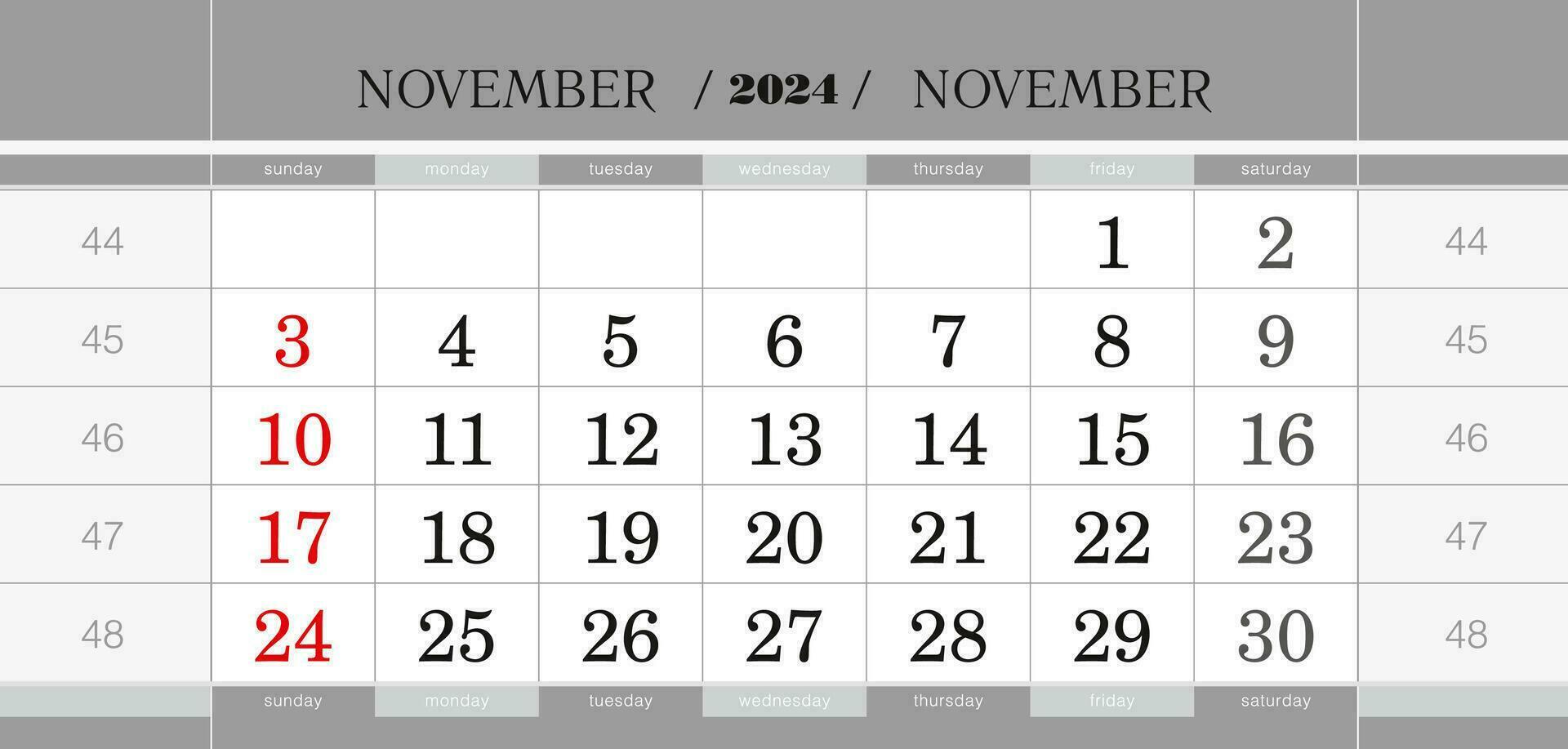 november 2024 kvartals kalender blockera. vägg kalender i engelsk, vecka börjar från söndag. vektor