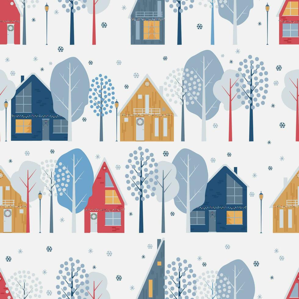 Winter nahtlos Muster im skandinavisch Stil. Stadt, Häuser, Bäume, Schneeflocken. vektor