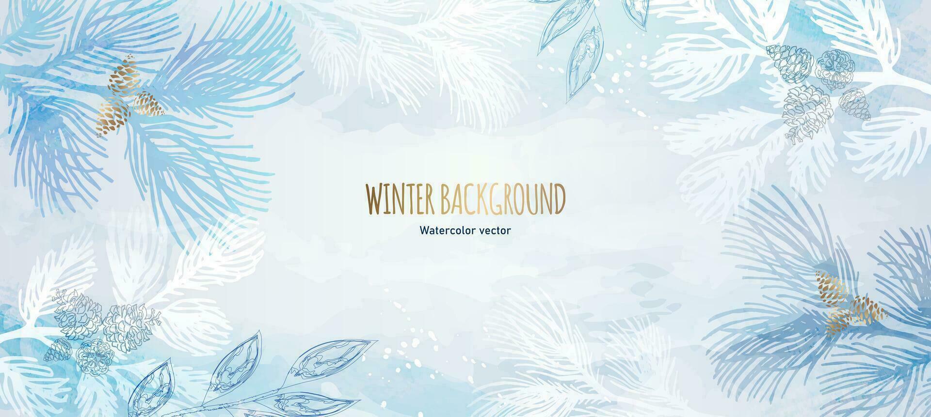 Winter Hintergrund, Nahansicht Landschaft. Aquarell Vektor Zeichnung von Kiefer Geäst und Zapfen. Design zum Banner, Hintergrund, Poster, Postkarte, Abdeckung, Glückwunsch. Raum zum Text, horizontal Sicht.