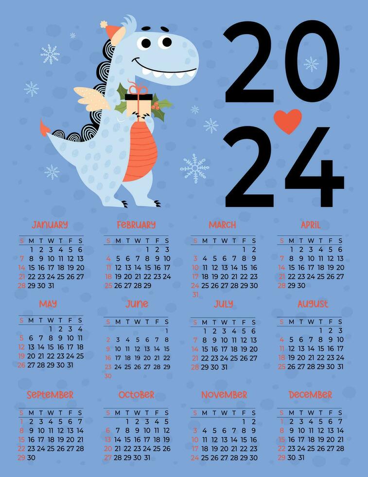 2024 årlig kalender. jul blå drake med gåva järnek. vektor vertikal mall 12 månader i engelsk. vecka börjar söndag. 2024 år drake enligt till östra kalender. pappersvaror.