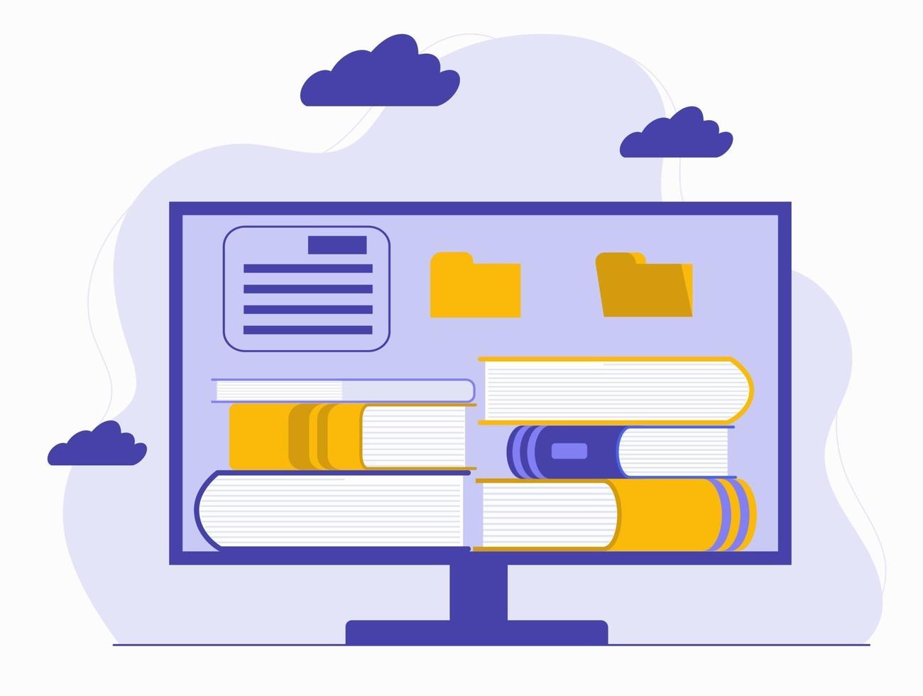 datorskärm med buntstapel. läsa litteratur, vektor