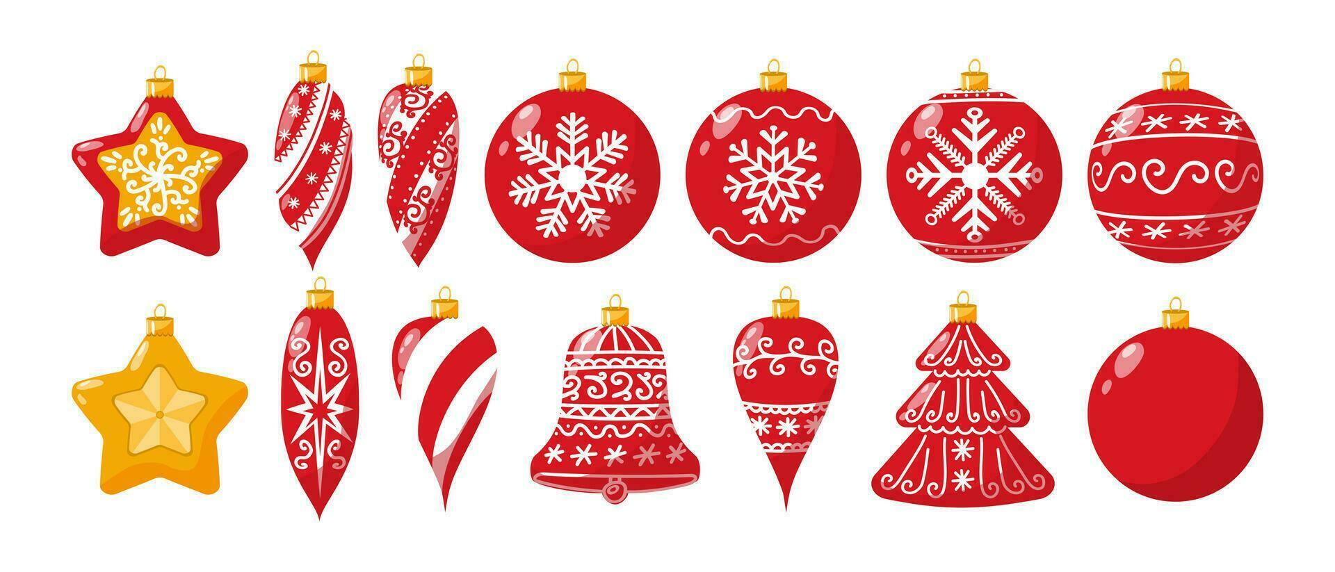 einstellen von Weihnachten und Neu Jahr Dekorationen Designs im eben Stil. Ball, Gold Stern, Eiszapfen, Fichte, rot Glocke mit Weiß Ornament. Winter Urlaub Objekte. Vektor Illustration.