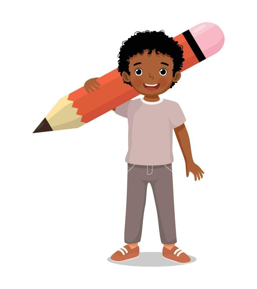 süß wenig afrikanisch Schule Junge halten groß Bleistift vektor