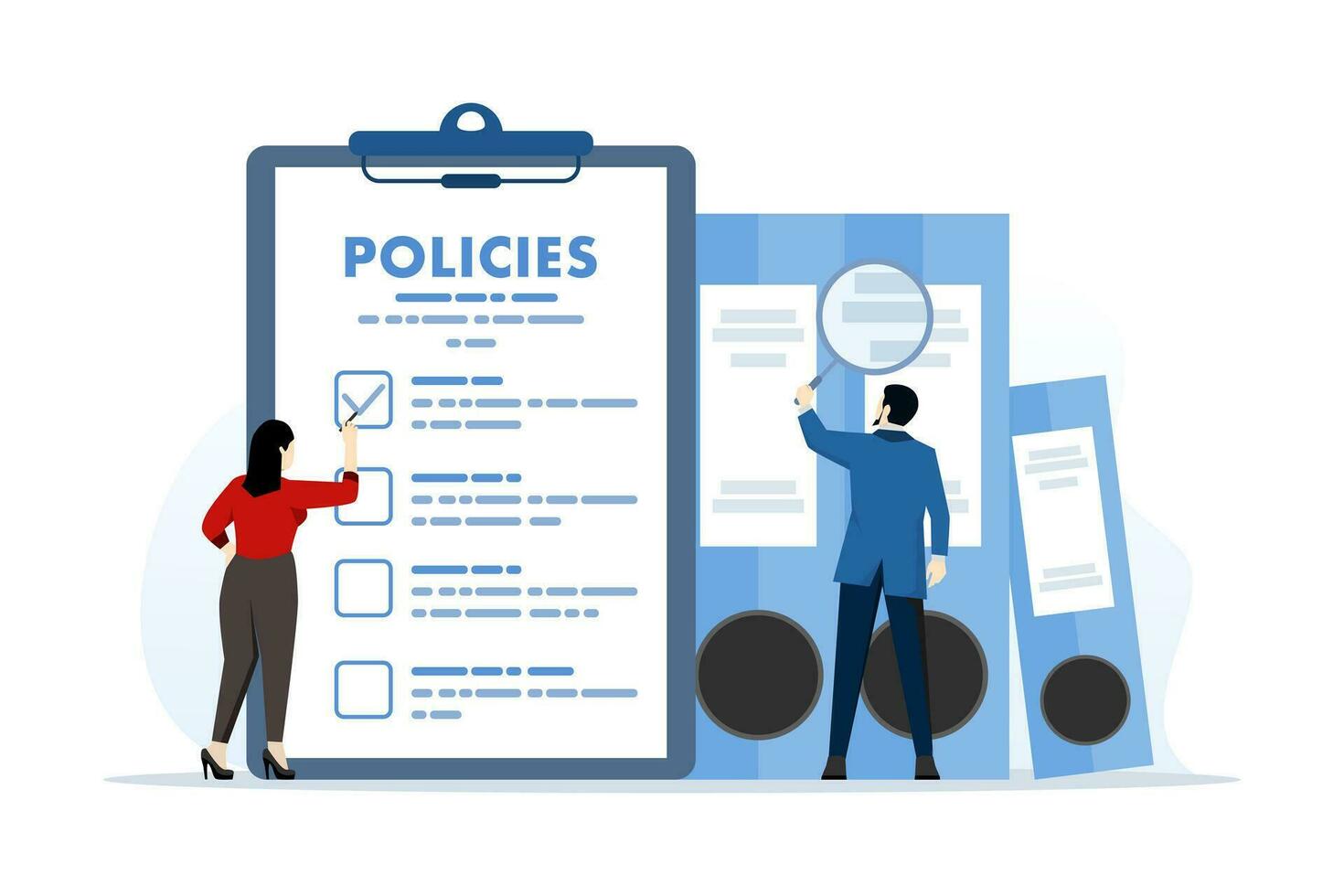 Konzept von regulatorisch Beachtung Regeln zum Büro Angestellte zu leisten Geschäft Ziele, Moral Standards und Produktivität, Unternehmen Politik Tafel aufführen mit Checkliste. eben Vektor Illustration.