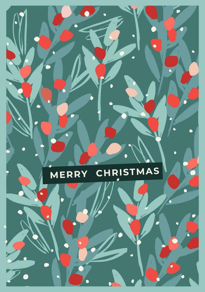 Weihnachten und glücklich Neu Jahr Illustration mit mit Geäst, Blätter, Beeren, Schneeflocken. modisch retro Stil. Vektor Design Vorlage.