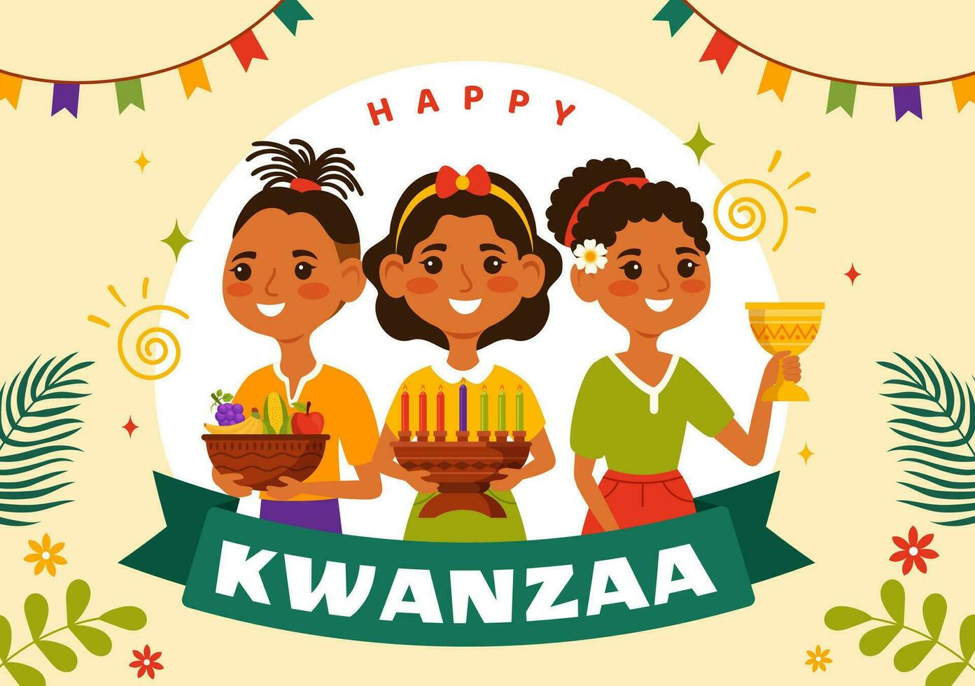 glücklich Kwanzaa Vektor Illustration mit Mazao, zawadi, mkeka, Kinara, Geschenke, Tasse, Kerzen im traditionell Urlaub afrikanisch Symbol eben Karikatur Hintergrund