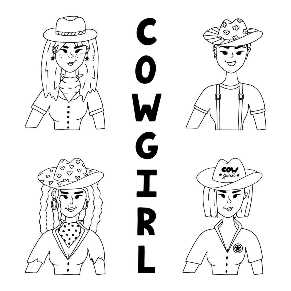 einstellen mit Cowgirl tragen Hut, Bandana, T-Shirt und Star Ohrringe. süß Porträt von Kuh Mädchen, wild Westen Thema. Vektor Gekritzel mit Hand gezeichnet Gliederung Western weiblich Charakter zum drucken Design, Poster.