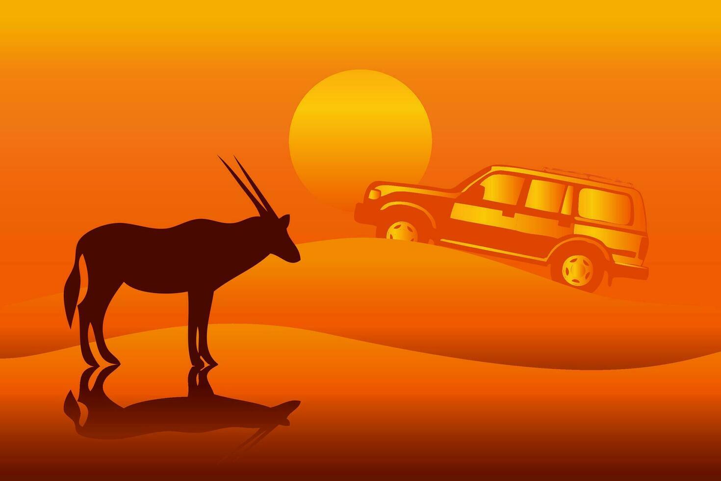 suv Auto und Wüste Ziege Silhouette mit Wüste Sonnenuntergang Hintergrund Vektor Illustration
