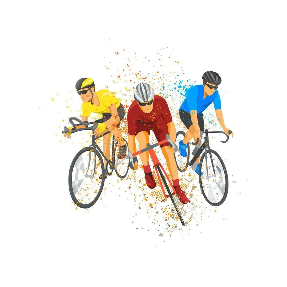 drei Straße Radfahrer Wettbewerb. stilisiert bunt Zeichnung von Radfahrer beim voll Geschwindigkeit Reiten mit Spritzen bewirken Bewegung. vektor