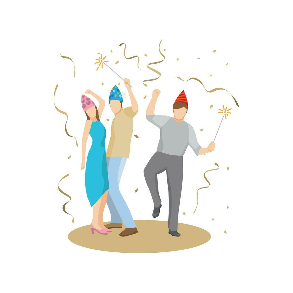 Lycklig människor dans fira fest eller ny år med konfetti och fyrverkeri vektor