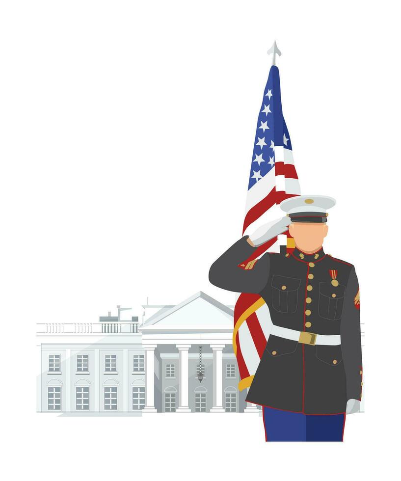 Militär- Mann Gruß auf USA Flagge und Weiß Haus Hintergrund vektor