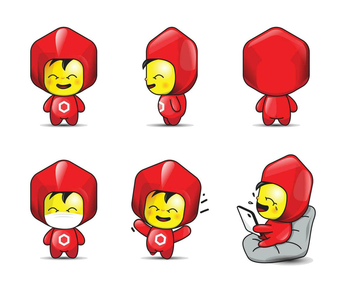 komisch Maskottchen mit Hexagon Kapuze Kostüm im rot Farbe vektor