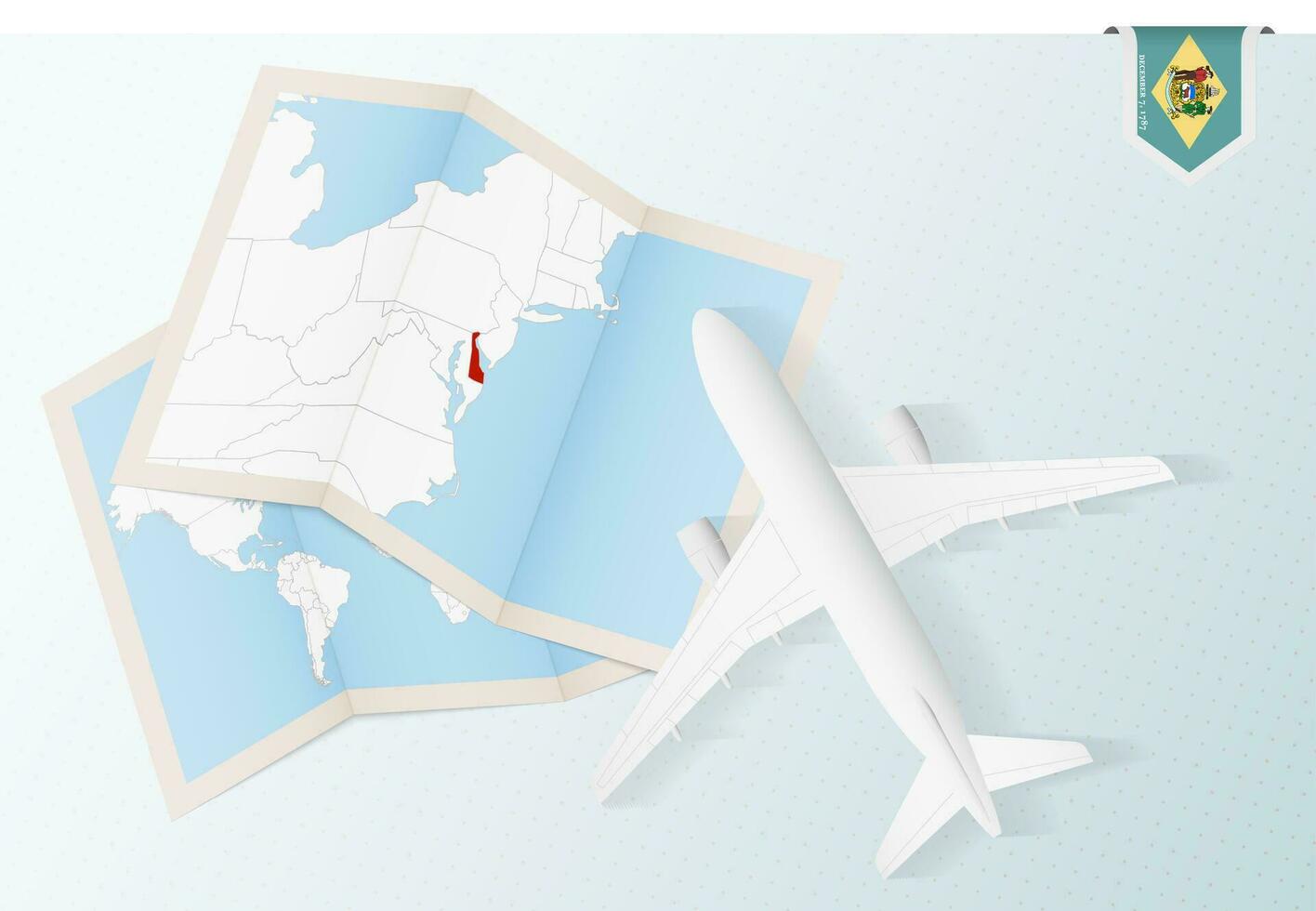 resa till delaware, topp se flygplan med Karta och flagga av delaware. vektor