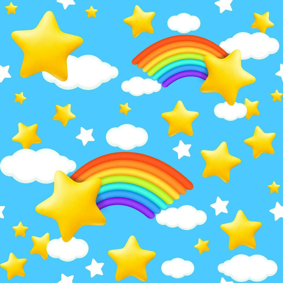 ein nahtlos Muster mit ein beschwingt 3d Regenbogen, flauschige Wolken, und süß Sterne. diese froh Design ist perfekt zum Kinder- Projekte und fügt hinzu ein spielerisch berühren zu irgendein Anwendung. nicht ai generiert. vektor