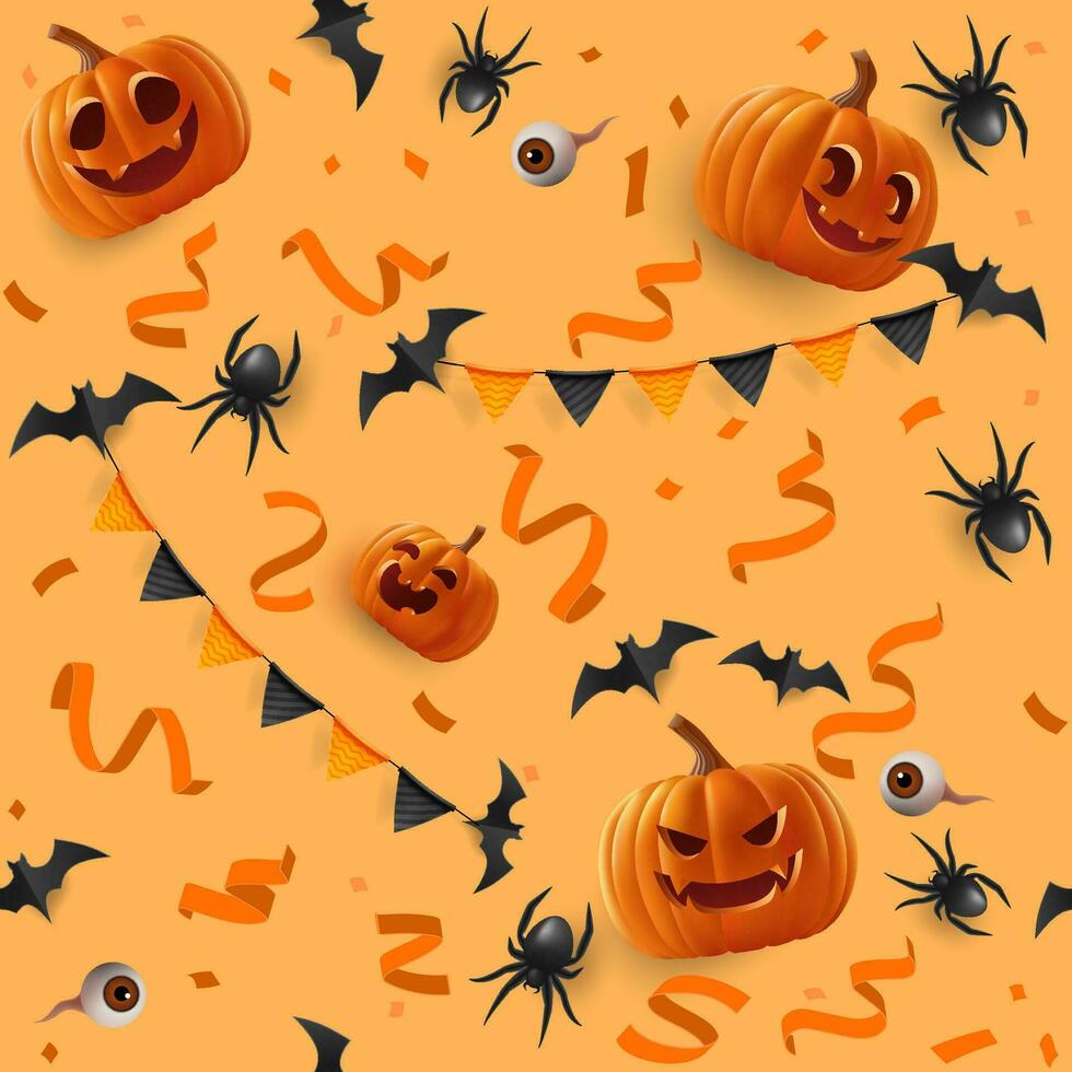 halloween sömlös orange vektor mönster. terar söt och läskigt element tycka om pumpor, spindlar, fladdermöss, och konfetti, dess perfekt för dekorera din Semester mönster. inte ai genererad.