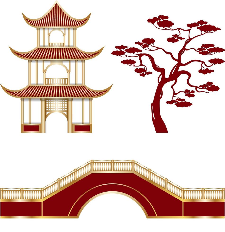 isolierter orientalischer Tempel, Baum und Brücke vektor