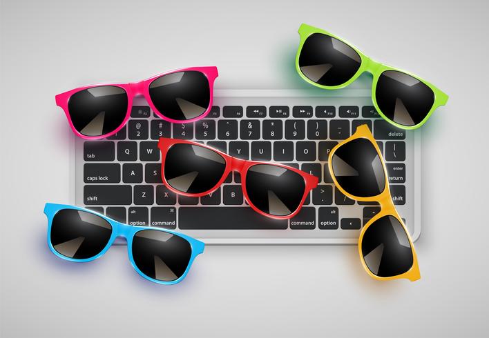 Hög detaljerad realistiska solglasögon på skrivbord med tangentbord, vektor illustration