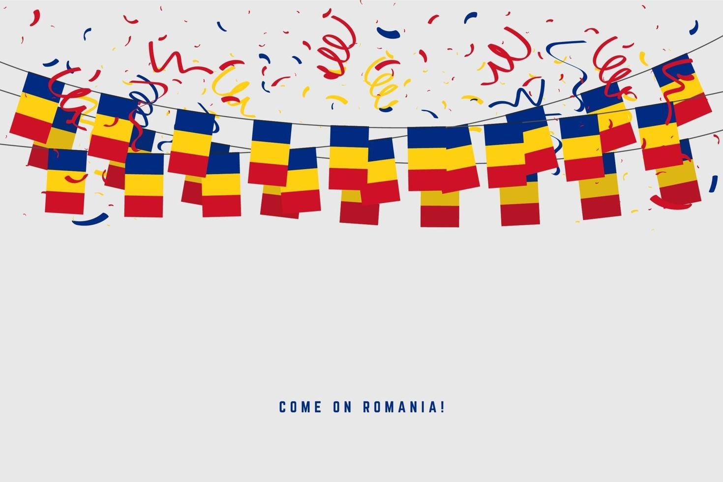 Rumänien Girlande Flagge mit Konfetti auf grauem Hintergrund. vektor