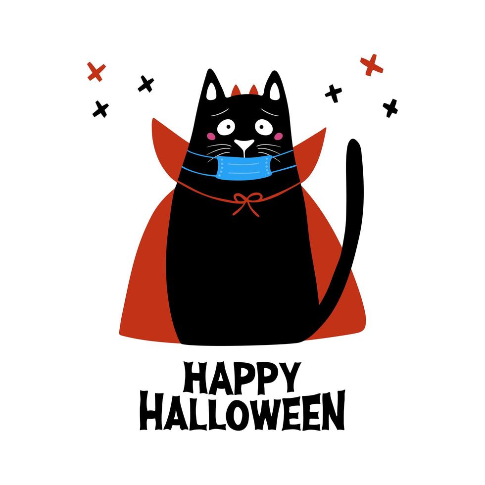 Katze in Maske, Vampirkostüm mit Hörnern und Umhang und fröhliches Halloween vektor