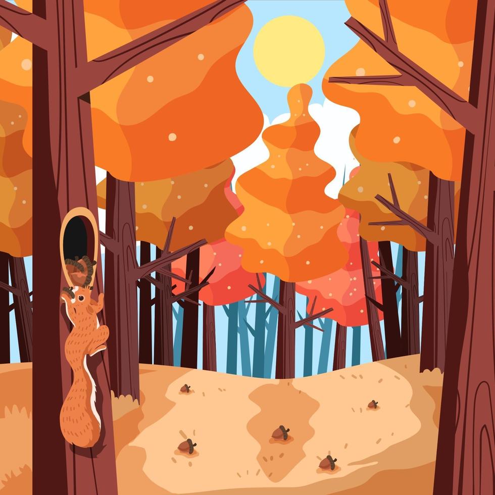 sonniger leichter Herbstwald mit einem Eichhörnchen vektor