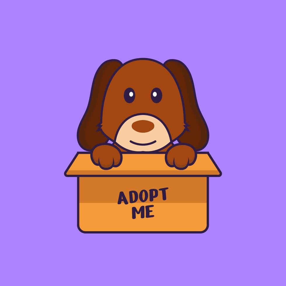 süßer Hund in Box mit Poster adoptiere mich. vektor