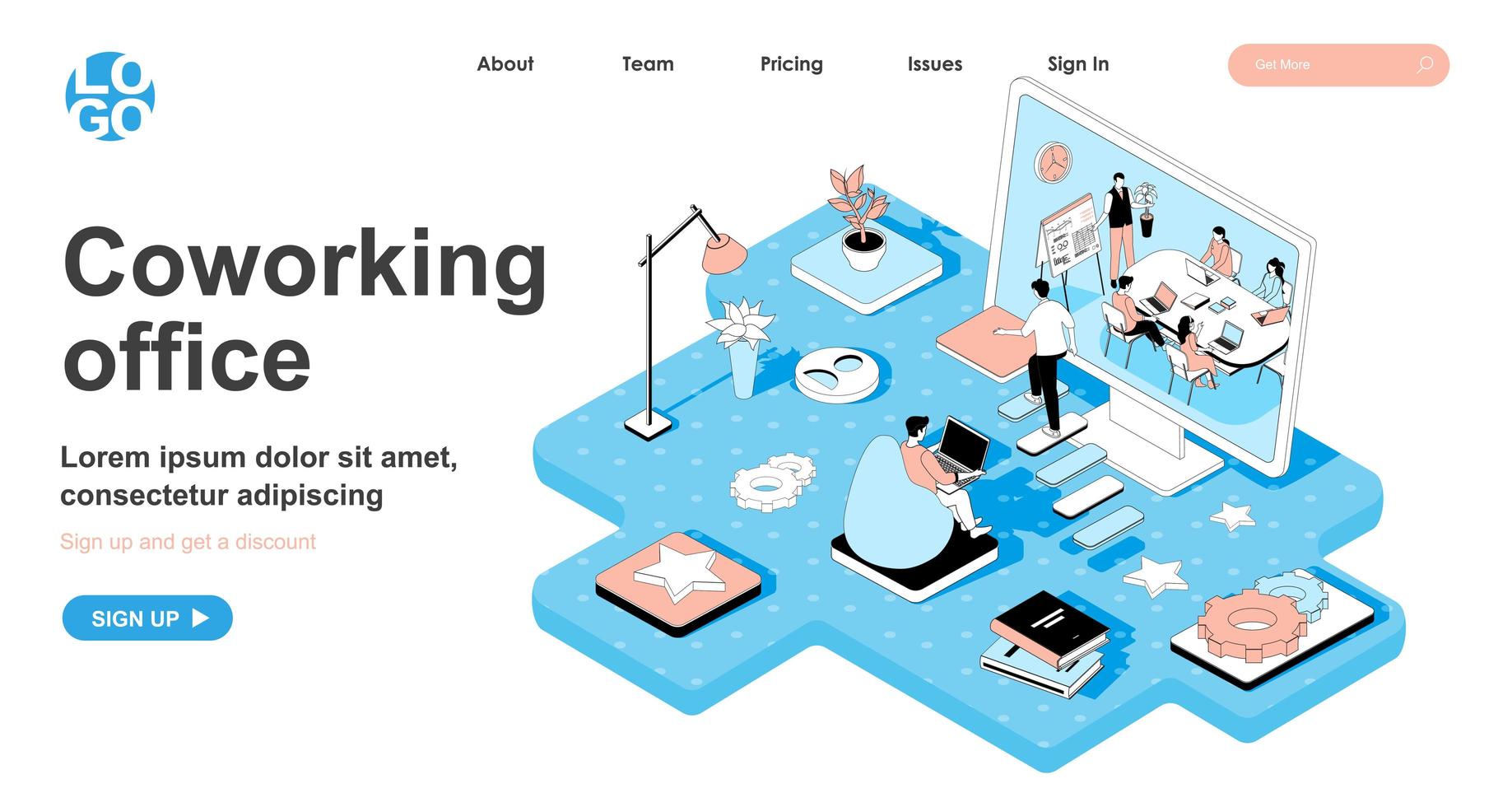 coworking office isometrisk koncept för målsida vektor