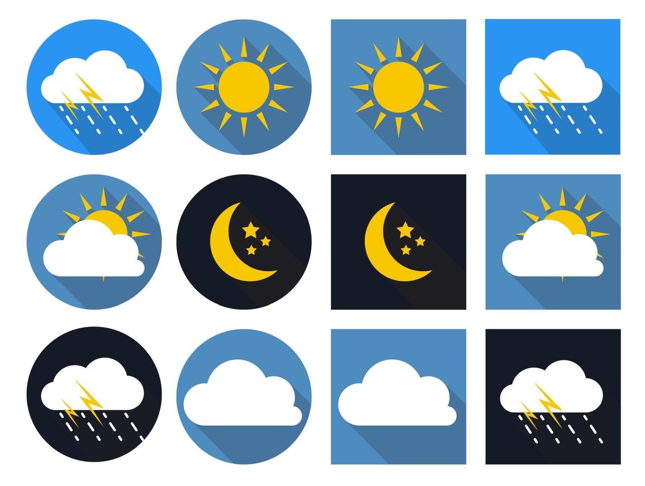 väderikoner med sol, moln, regn och måne i platt stil vektor