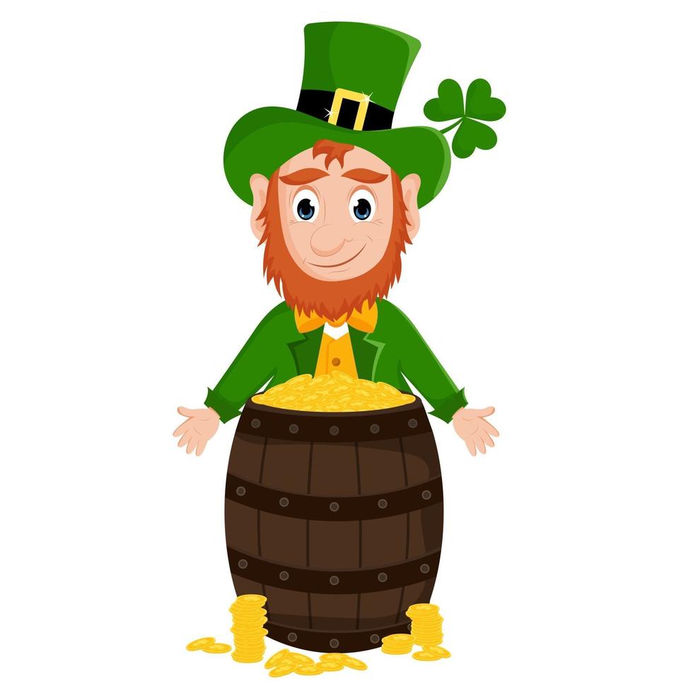 Cartoon-Kobold mit Fass Goldmünzen. Happy St. Patrick's Day. vektor