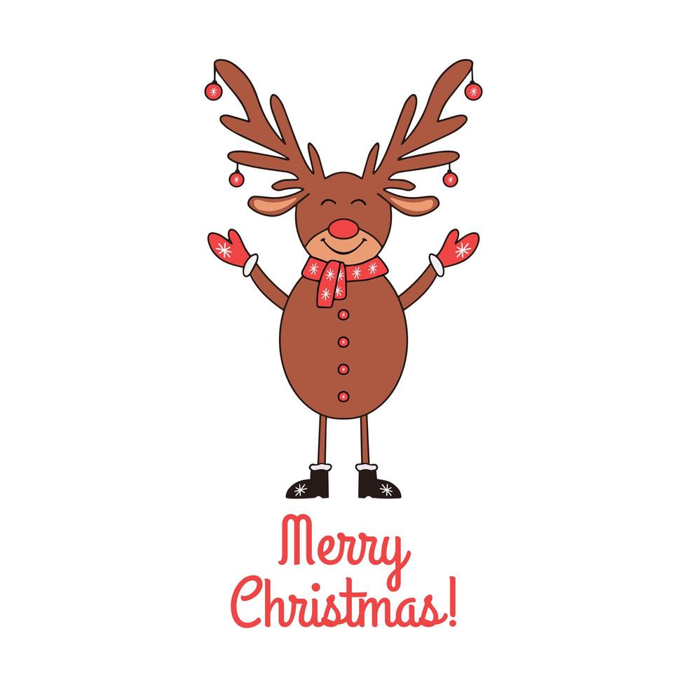 Weihnachtsgrußkarte mit niedlichen Hirschen auf weißem Hintergrund. vektor