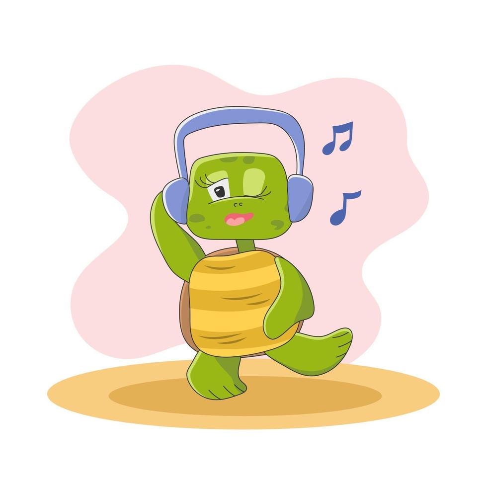 söt sköldpadda karaktär i tecknad stil lyssna på musik vektor
