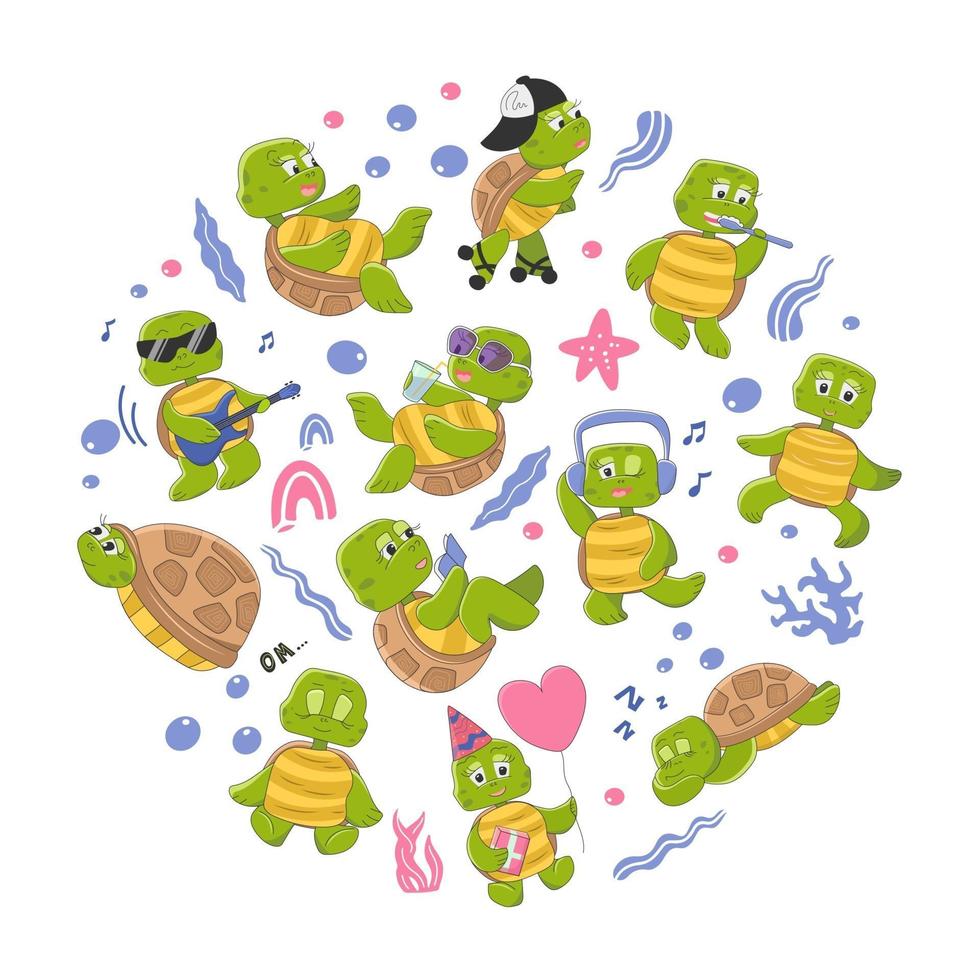 Reihe von süßen Schildkrötenfiguren. vektor