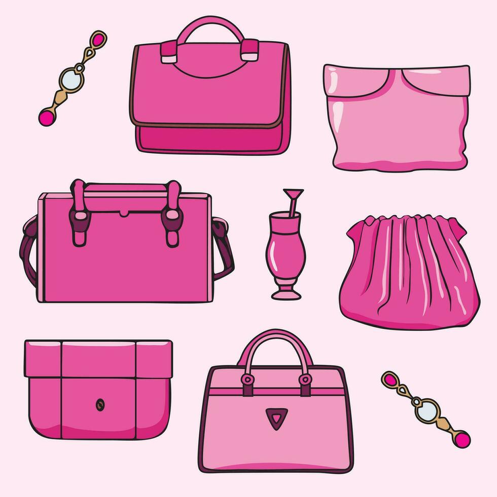 entdecken ein schick Sammlung von stilvoll Rosa Taschen, perfekt zum Hinzufügen Glanz und Stil zu irgendein Mode Projekt vektor