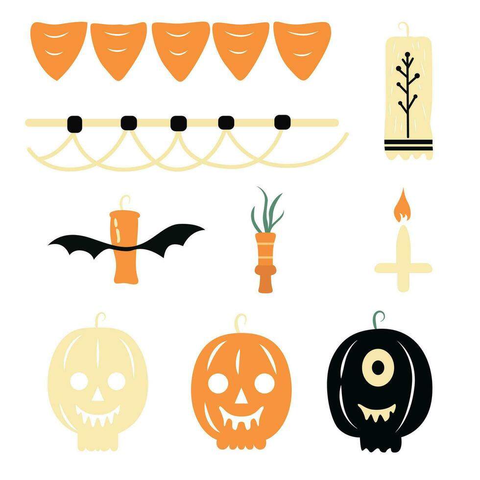 halloween vektor element uppsättning - kuslig pumpor, flaggor, och ljus i orange och gul pastell