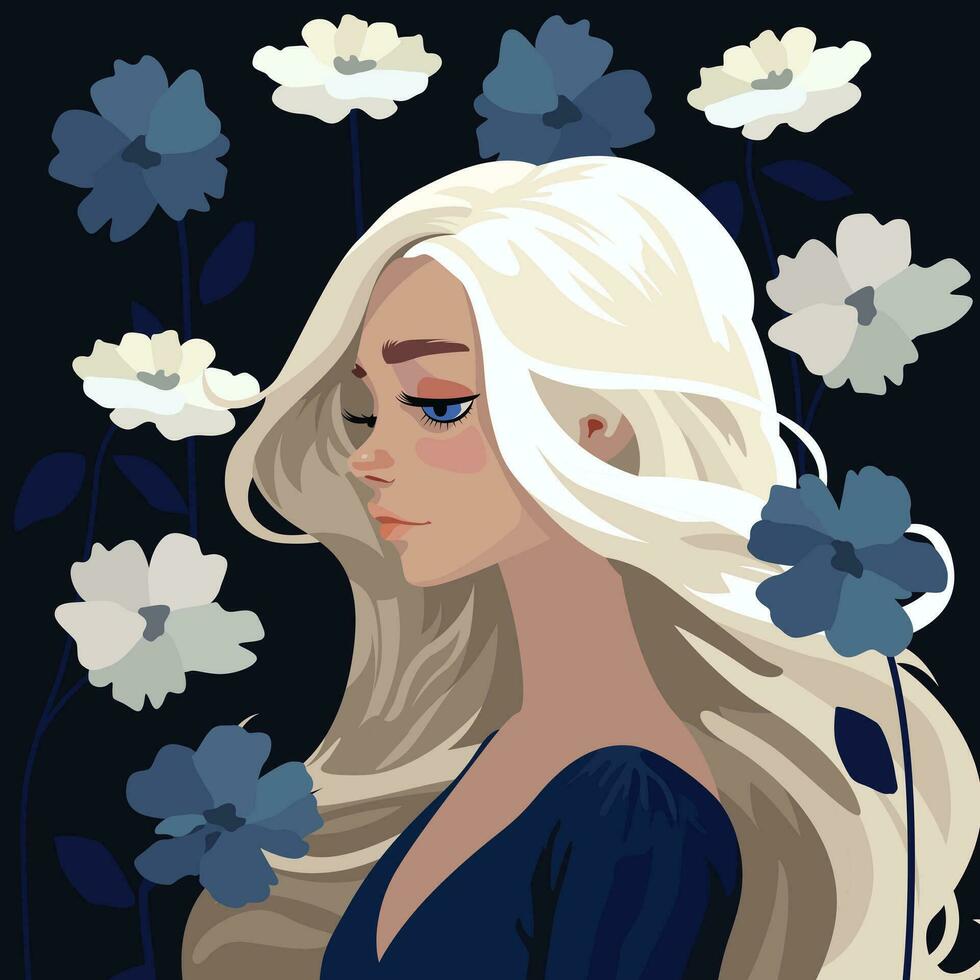 utforska de melankolisk skönhet av en ung blond flicka med blommor i detta fängslande illustration. vektor